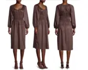 Rebecca Taylor L Brown Smocked Waist Midi Dress Size XS Reg $328