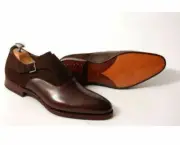 Handmade Men brown suede and leather formal shoes, Men brown monk dress shoes
