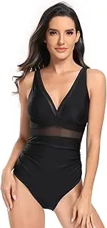 [ELEGANTFISH] Women Sexy Mesh Tummy Control Swimsuit Push Up High Waisted Bathing Suit Slimming Deep V Neck One Piece Swimwear