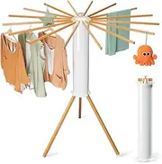 Cylinder Tripod Drying Rack, Octopus Clothes Drying Rack, Space Saving Master, 16 Expandable Rods, Solid Wood, Hidden, Standing and Portable for Indoor, Rv, Home, Household