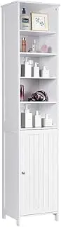 Giantex 182cm Bathroom Storage Cabinet, Wooden Bathroom Tallboy w/5 Open Shelves & 2 Internal Shelves, Anti-Tilting, Freestanding Narrow Cabinet Toilet Laundry Cupboard, for Living Room Hallway, White