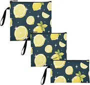 Fake Sequin Glitter Blue Lemon 3 Pcs Reusable Zipper Snack Bag Portable Food Storage for Camp Friends and Gear