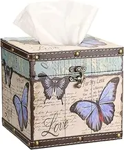 Sumnacon Tissue Box Retro Wood Square Tissue Box Cover Vintage Cube Tissue Box Holder,Decorative Tissue Holder for Bedroom Bathroom Toilet Table Desk Car Store Office Home,Beige White+Blue