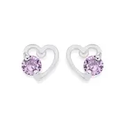 Silver Violet Cubic Zirconia Open Heart Stud Earrings in Purple