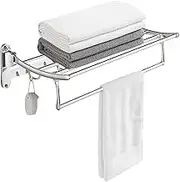 BESy 24 Inch Polished Chrome Towel Racks, Bathroom Towel Shelf with Foldable Towel Bar Holder and Towel Hooks, Wall Mounted Multifunctional Bathroom Accessories, Double Towel Bars
