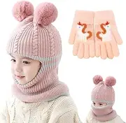 [TYXHXTF] Winter Warm Hat Kid, Double Pompom Hat, Fleece Lined Winter Beanie Hats, Winter Hats for Kids, Baby Earflap Hat and Scarf Set, Balaclava Skiing Cap for 3-8 Years Old Kids(Pink), pink, One size
