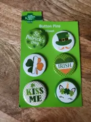 St. Patrick's Day Pin Back Button Badges 6 Pcs Green Multi Color Not A Toy
