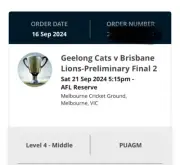 AFL Geelong Vs Brisbane Prelim Final Q19 Row S. 3 Tickets For $360 ($120 each)