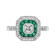 18K White Gold Natural Diamond Emerald Art Deco Style Engagement Halo Ring