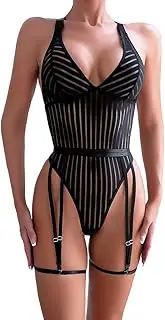 [Generic] Women Sexy Lingerie Bodysuit Set Ribbed Lace Mesh Bodysuit Backless Tops