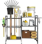Mfancy Garden Tool Organizer,Yard Organiser for Garage,3 Tier Garden Tool Rack with 2 Types Hooks,Up to 35 Long-Handled Rakes/Brooms/Shovel