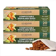 Ecopack Compostable Resealable Reusable Snack Bags- 60 Bags, set of 3, Eco Friendly, Plant-based, Zero Waste, Non-toxic, Plastic Alternative Ziplock Bags for Food Storage (6.3x4.3)