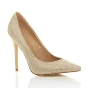 Ajvani womens high heel pointed contrast court smart party work shoes pumps Gold Shimmer Glitter UK 6 / EU 39 / US 8