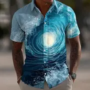 Men's Optical Illusion Ocean Waves Summer Hawaiian Shirt Button Up Shirt Aloha Shirt Short Sleeve Hawaiian Vacation Beach Wear Summer Spring Turndown 3D Print