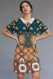 NWT Anthropologie Maeve Floral Shift Mini Dress Mod Blue Green Size XS New