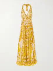 [Dolce & Gabbana] Dolce & Gabbana - Maiolica Open-back Pleated Printed Silk-chiffon Halterneck Maxi Dress - Yellow - IT42 IT 42 Yellow