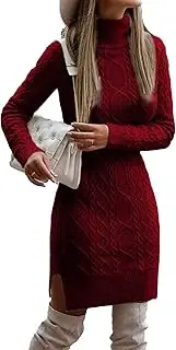 [Aosufei] Women's Long Sleeve Knitted Slim Dress Ribbed Soft Sweater Dress Elegant Turtleneck Midi Dresses
