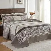 SahSahCasa 100% Cotton 120"x102" Oversized Quilt, Extra Large Wide Bedspread Lightweight Comforter, Striped Quilt, 3pcs, Gray/Brown