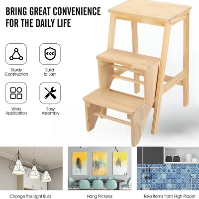 Multi-Purpose Foldable Wood Step Ladder for Adults 3-Step Folding Step Stool