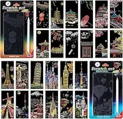 24 Sheets Scratch Pictures for Children, World Famous City Night Scene Scratch Paper, DIY Children Scratch Art Set, Youth Chinese New Year's Eve Light Art Scratching Board