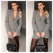 ZARA Open Back Blazer Dress Houndstooth Black White Lapel Collar New