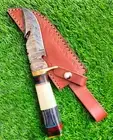 Damascus Fixed Blade Hunting Knife With Leather Sheath, WOOD HANDEL 10 INCH