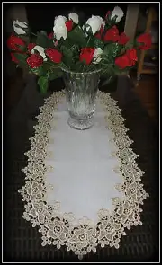Rose Lace Table Runner Dresser Scarf 35" Soft Gold / Beige White Doily