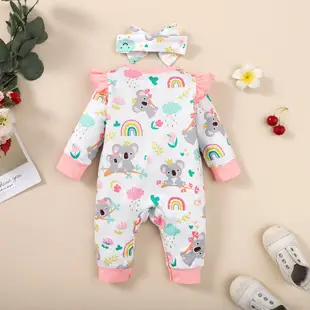 0-1歲新生女嬰卡通動物連身衣2件套/可愛考拉印花長袖連身衣+頭帶/睡衣服裝嬰兒寶寶