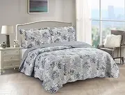 [Brilliant Sunshine] Blue Toile in Beige and Ivory Patches, 3-Piece Quilt Set with 2 Shams, Reversible Bedspread, Soft Lightweight Coverlet, All-Season, King, Blue