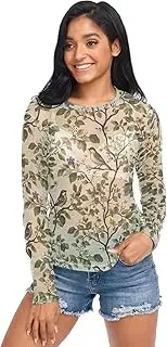 [AIXIWAWA] Vintage Bird Tree Women's Long Sleeve Mesh Sheer Top, Sexy See-Through Blouse for Party, Evening Wear S