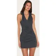 Black Asymmetric Button Down Collar Detail Bodycon Dress, Black
