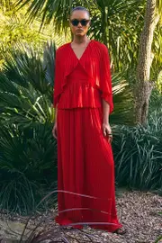 Pleated Cape Sleeve Plunge Neck Woven Top