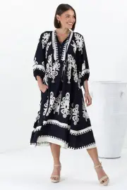 Kamali Midi Dress - Batwing Sleeve Smock Dress with Lace Detailing in Casper Print Navy