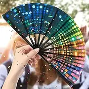 Satin Fabric Rave Folding Fan Portable Glow Hand Fan Fluorescent Folding Fans Closed 33cm Expanded 64cm with Flexible Plastic Bone for Party Home