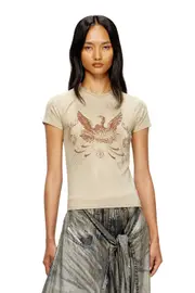 [Diesel] Diesel - Phoenix T-shirt with rhinestones - T-Shirts - Woman - Brown XL Brown