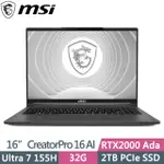 MSI CREATORPRO 16 AI STUDIO A1VJG-070TW(ULTRA 7 155H/32G/2TB/RTX2000 ADA/W11P)創作者筆電