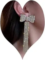 [Wiwpar] Long Fashion Bow Tassel Earrings Full Diamond Earrings Rhinestone Long Tassels Dangle Earrings for Women Girls