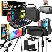 Switch Accessories, Orzly Essentials Pack for Nintendo Switch (Bundle includes: Glass Screen Protectors, USB Charging Cable, Console Pouch, Cartridge Case, Comfort Grip Case, Headphones) - BLACK