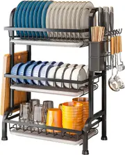 Dish Drying Rack 3 Tier Large Capacity Kitchen Dish Draining Rack Cultery Drainer with Drip Tray 42cm