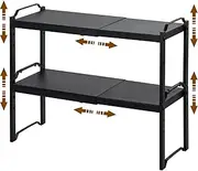 FORYUSE Set of 2 Stackable Cabinet Shelf Expandable Kitchen Storage Countertop Metal Organizer Adjustable Counter Shelves Cupboard Pantry Rack Stand