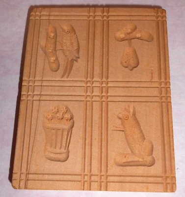 Wooden German Springerle Cookie Mold 3" x 4" Four Carved Motifs Folk Ark Press