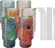 Colored Vintage Art Deco Glasses - Martini, Margarita, Cocktail & Champagne Ribbed Glasses | Set of 6 | Cute Pastel Crystal Cocktails Glassware, Stemmed Glassware Gift - Hobnail Tumblers & Straws