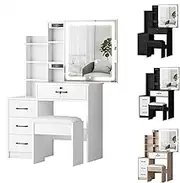 ALFORDSON 4-Drawer Vanity Set, Lockable Drawer & Sliding Mirror, Bedroom Vanity Table, 80x36x131.5cm, White - 3 Color Lights, Hidden Storage Stool