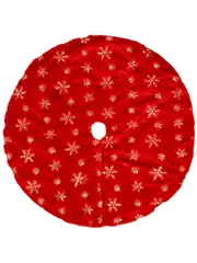 Red Faux Fur Christmas Tree Skirt With Gold Sequin Snowflakes Pattern - 1m