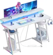Gaming Desk with LED Lights & Power Outlets Computer Desk with Monitor Stan
