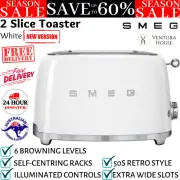 Smeg 50's Retro Style 2 Slice Toaster Long Two Slot Vintage White TSF01WHAU New