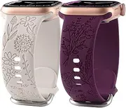 Flower Engraved Silicone Band Compatible with Apple Watch Bands 38mm 40mm 41mm, Cute Women Wildflowers Floral Soft Sport Strap Replacement Wristbands for iWatch Series 10 9 8 7/SE/6/5/4/3/2/1