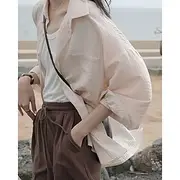 Women's Shirt Cotton Linen Shirt Blouse Plain Casual Long Sleeve Shirt Collar Regular Tops Daily Holiday Going out Buttons White Pink Green Summer