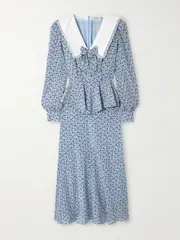 [Alessandra Rich] Alessandra Rich - Envers Lace And Mikado-trimmed Floral-print Crepe De Chine Peplum Midi Dress - Light blue - IT36 IT 36 Blue
