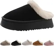 [SUNKOX] Women's Platform Slippers Micro Suede Cozy Memory Foam Winter with Fuzzy Faux Fur Collar and Indoor Outdoor Rubber Sole